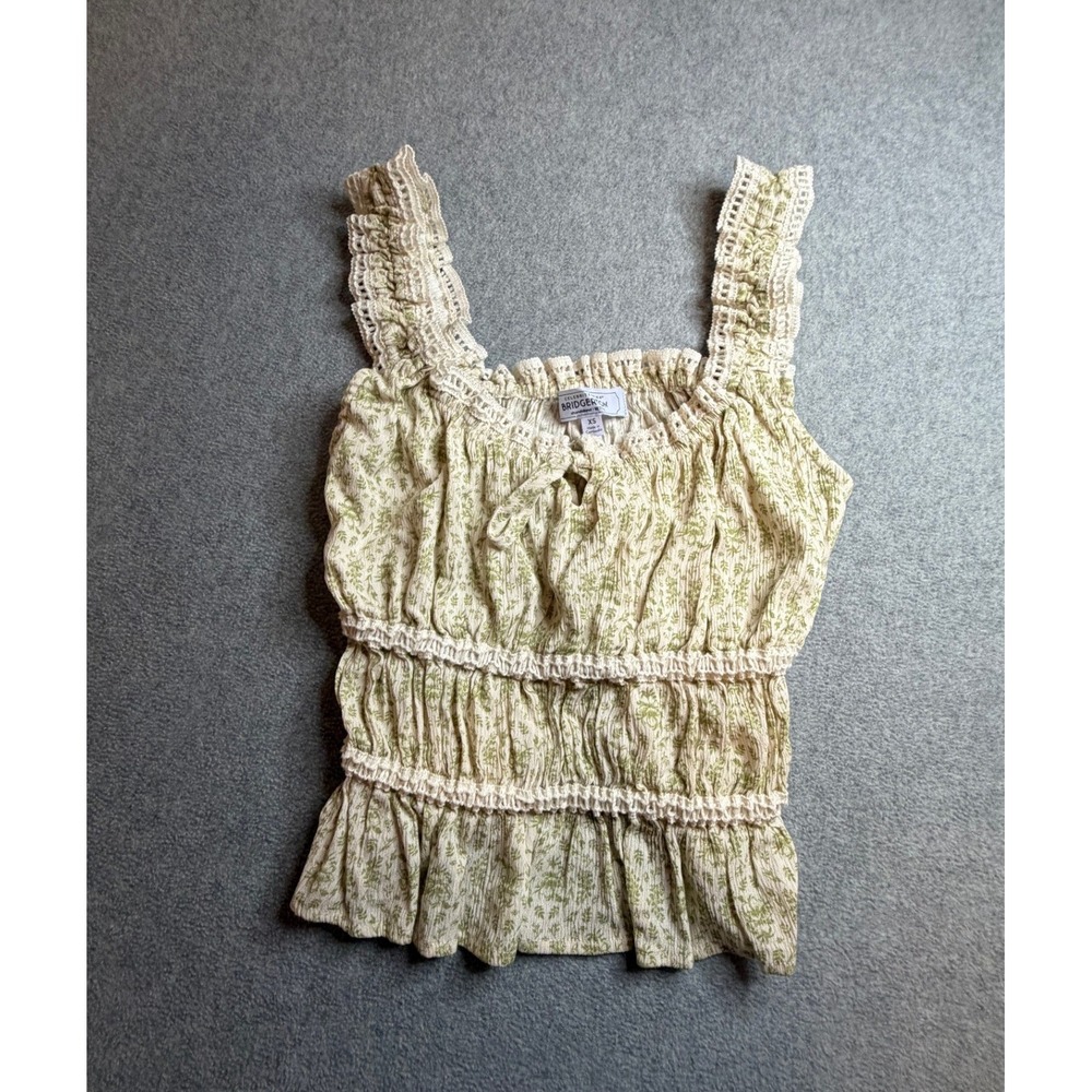Celebrity Pink Bridgerton Floral Smocked Tank Top Green Lace Ruffle XS
